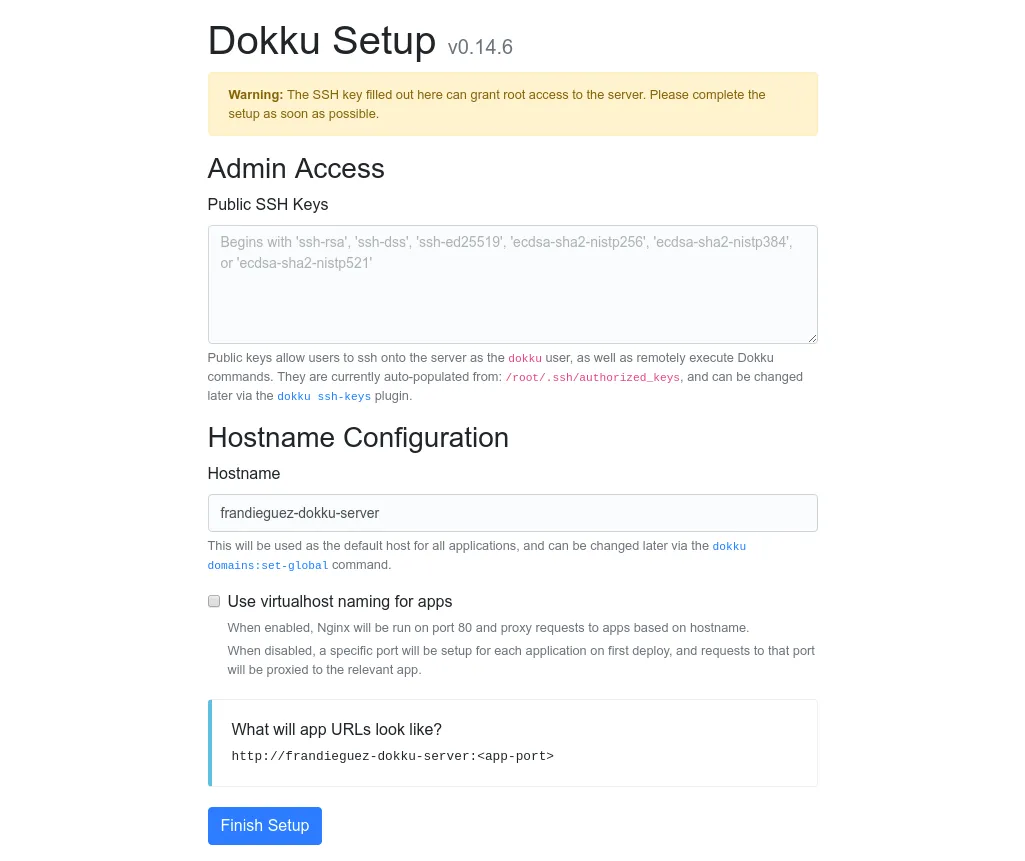 Dokku initial configuration form page